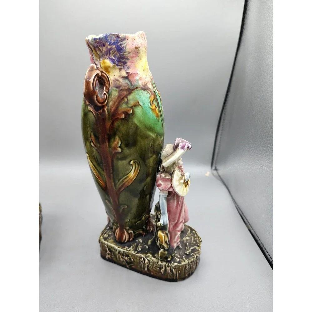2-antique 1890's ~MAJOLICA old Victorian-era HAND-PAINTED vases. Ladies Arm Brok